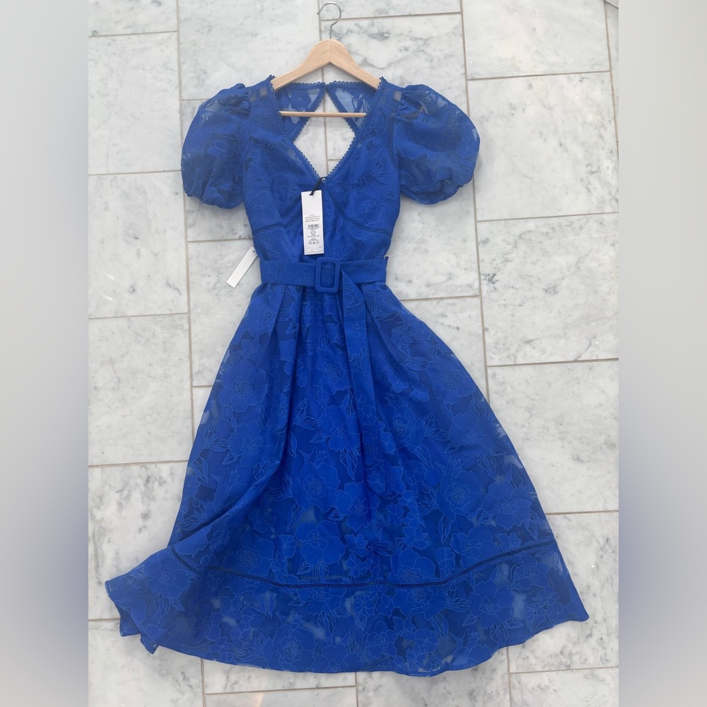 Lipsy Cobalt Blue Premium Burnout V Neck Belted Puff Sleeve Midi Dress Size 6